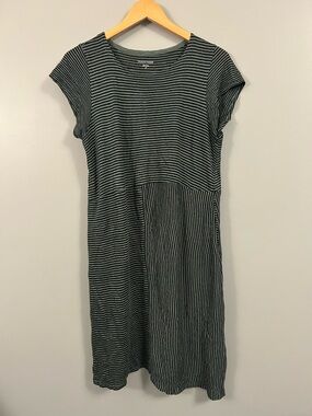 Eileen Fisher Black and Green Striped Short-Sleeve Midi Dress Small 100% Linen